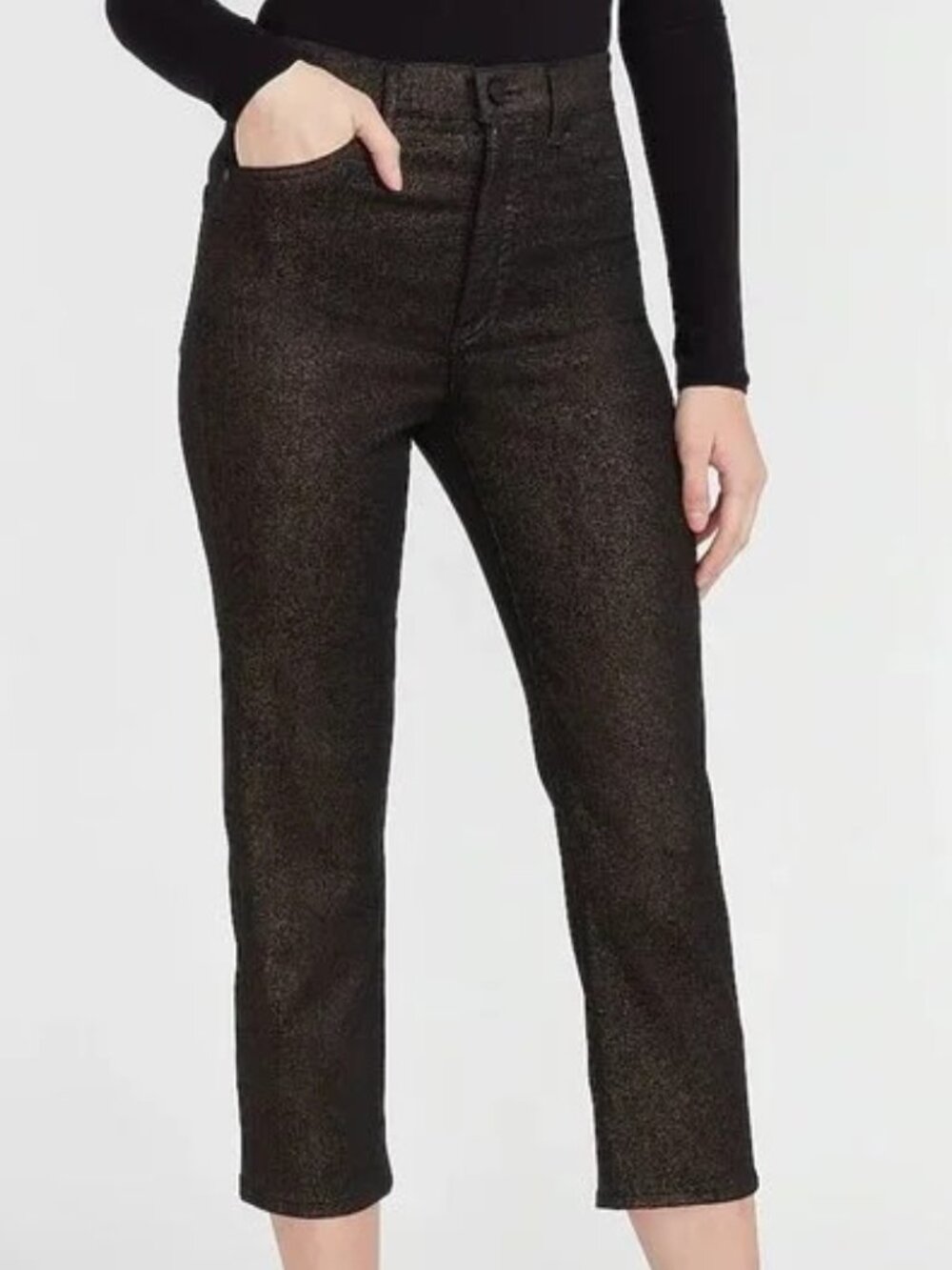 Express Black/Gold High Rise Metallic Shimmer Straight Cropped Ankle Jeans SZ 6